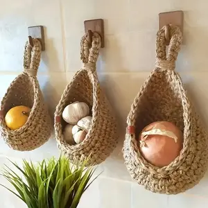 3-Piece Bohemian Boho Lace Wall Hanging Basket 🧺✨ - Light Brown Fabric Storage Hooks, Multi-Use Organizer for Garlic/Onions/Fruits/Veggies, Ideal for Kitchen/Dining Room Decor, Black Friday Deal