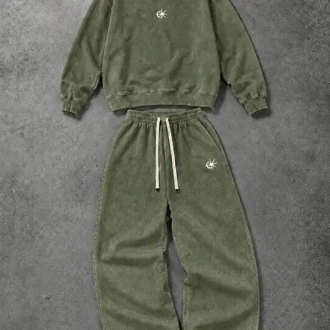 Men's Retro 2-Piece Menswear Set - Vintage Washed Cotton Blend Crew Neck Cropped Sweatshirt & Elastic Drawstring Waist Baggy Sweatpants with Printed Logo, Stylish Street Style Sports Casual Wear