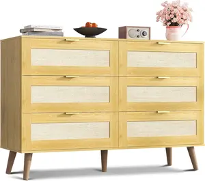 Rattan Dresser for Bedroom 6 Drawer 47.24'' Wide Boho Wood Dresser Chest of Drawers with Gold Metal Handles TV Stand for 55 inch TV Storage Cabinet for Living Room Hallway Light Oak Finish