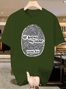 Men's Letter Print Fingerprint Design Slim Fit Short Sleeve Casual Summer Breathable Tee, Trendy Single Piece Fashion Top