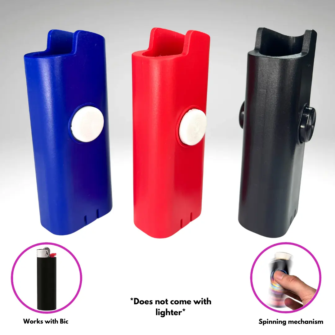 FLKR LYTR Rotating Fidget Spinner Lighter Cover 3-Pack (Red, Blue, Black) - 2.35×1.04×0.63in Plastic Polypropylene Secure Standard-Fit Bic Lighter Accessories for Protection, Ideal for Lytr Users