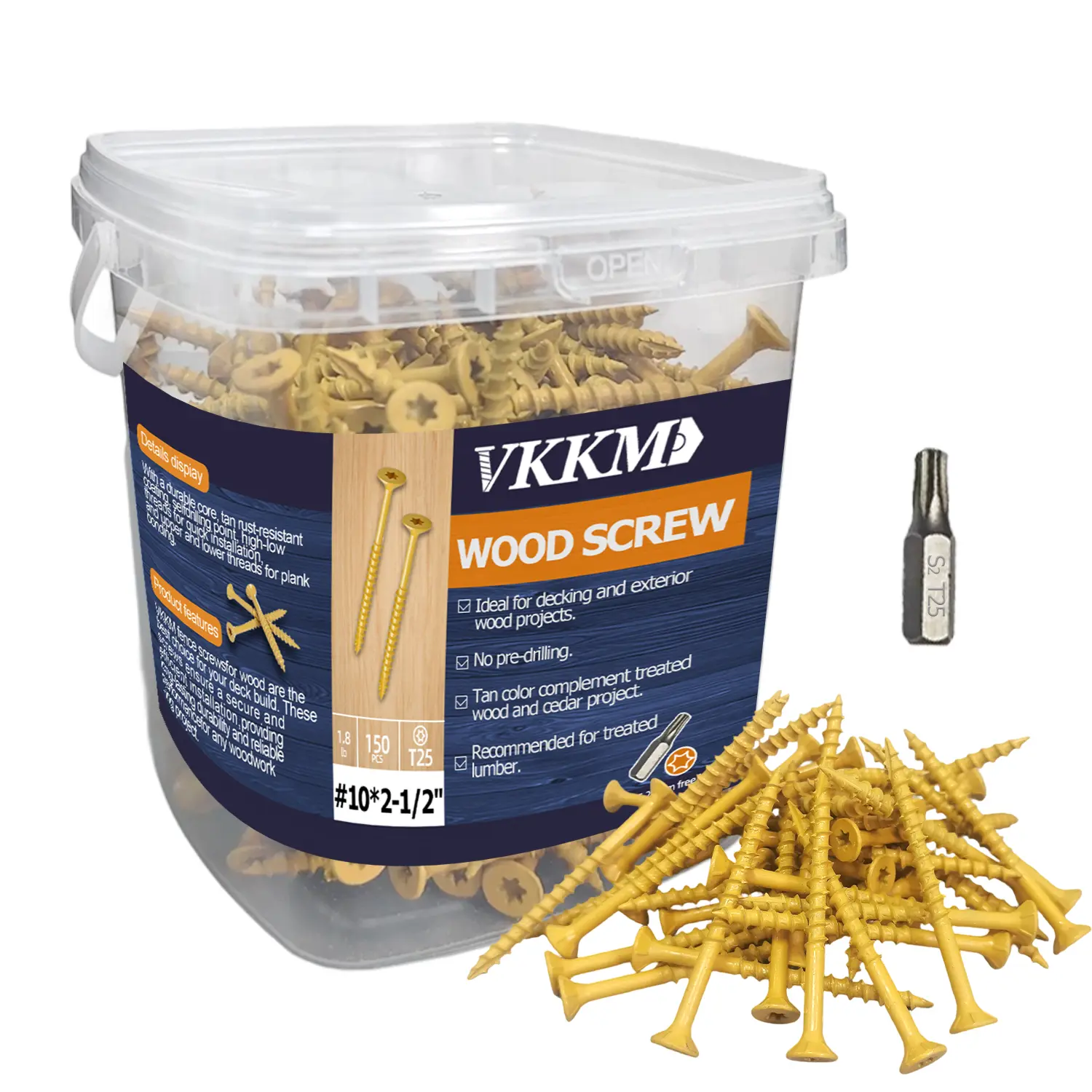 VKKM 150Pcs #8x2.5" Tan Wood Screws, Self-Tapping & Anti-Rust, Multi-Purpose for Furniture, Fence, Deck & DIY