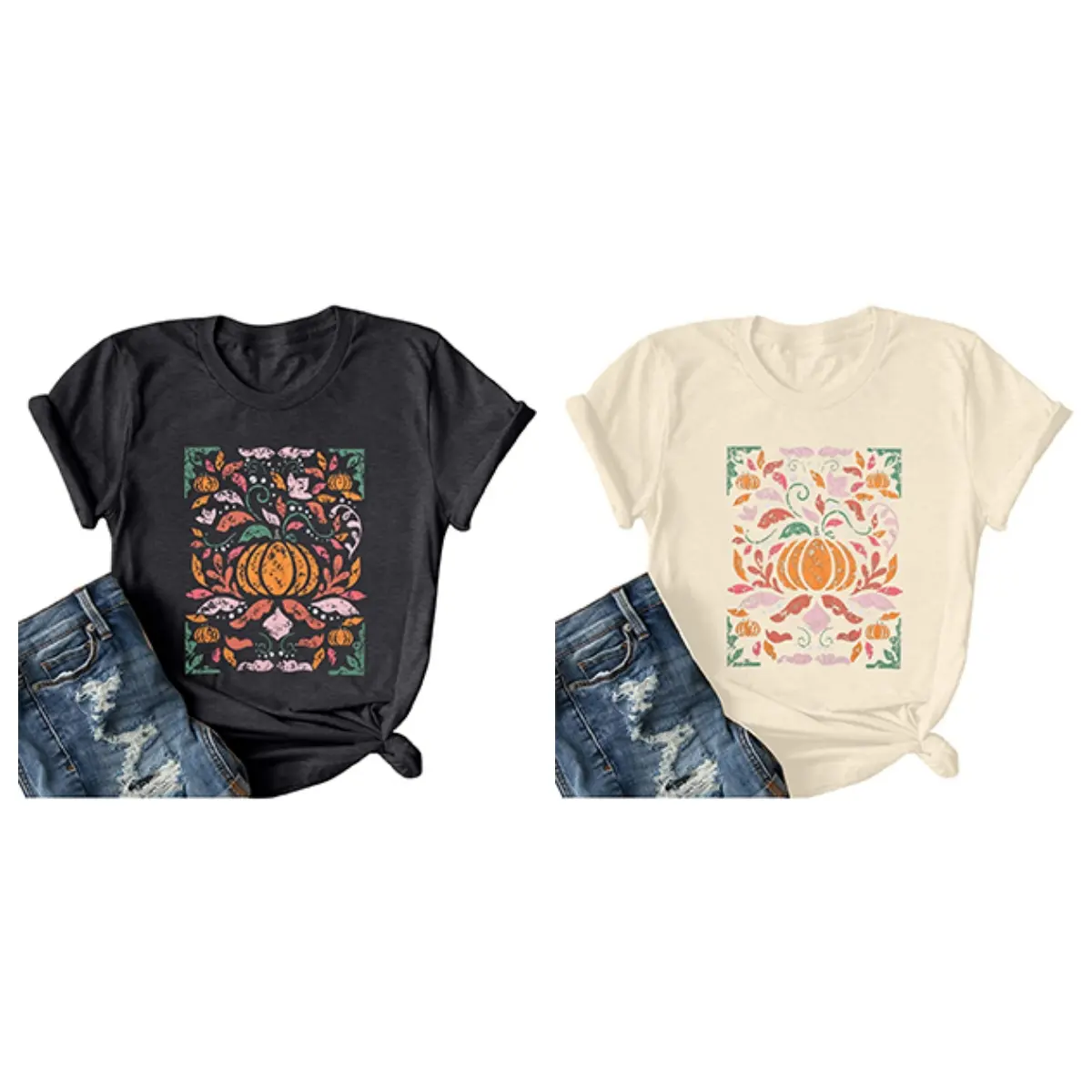 DUTUT Halloween Pumpkin Graphic T-shirt For Women Casual Crewneck Short Sleeve Tee with Cute Botanical Print & Boho Floral Design Perfect for Everyday Wear