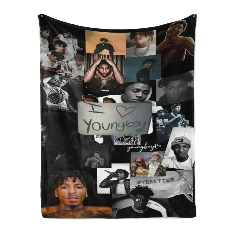 YBBETTER YoungBoy Collage Flannel Blanket - Black Background, Artist Portraits, YoungBoy Text, Soft, Cozy Hip-Hop Fan Throw, Christmas Gift, Gift for Teenage Boys, Bedroom Items, Room Decor