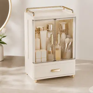 Luxury Dustproof Makeup Organizer with Magnetic Doors | Large Capacity Skincare Display Case with Smooth Pull-Out Drawer | Aesthetic Vanity Storage Box for Lipsticks, Perfumes & Masks | Elegant Cream & Gold Decor