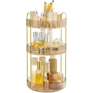 Makeup Organizer, 3-Tier Round Rotating Skincare Organizer Countertop, Customizable, Toiletries Vanity Organizer, Lazy Susan, Gift, Champagne Gold