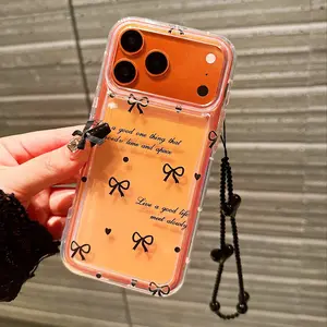 Cute Bow Illustration Phone Case with Lanyard, Transparent Full Coverage Tpu, Protective Anti-Drop, Compatible with iPhone 11/12/13/14/15/16/17/promax