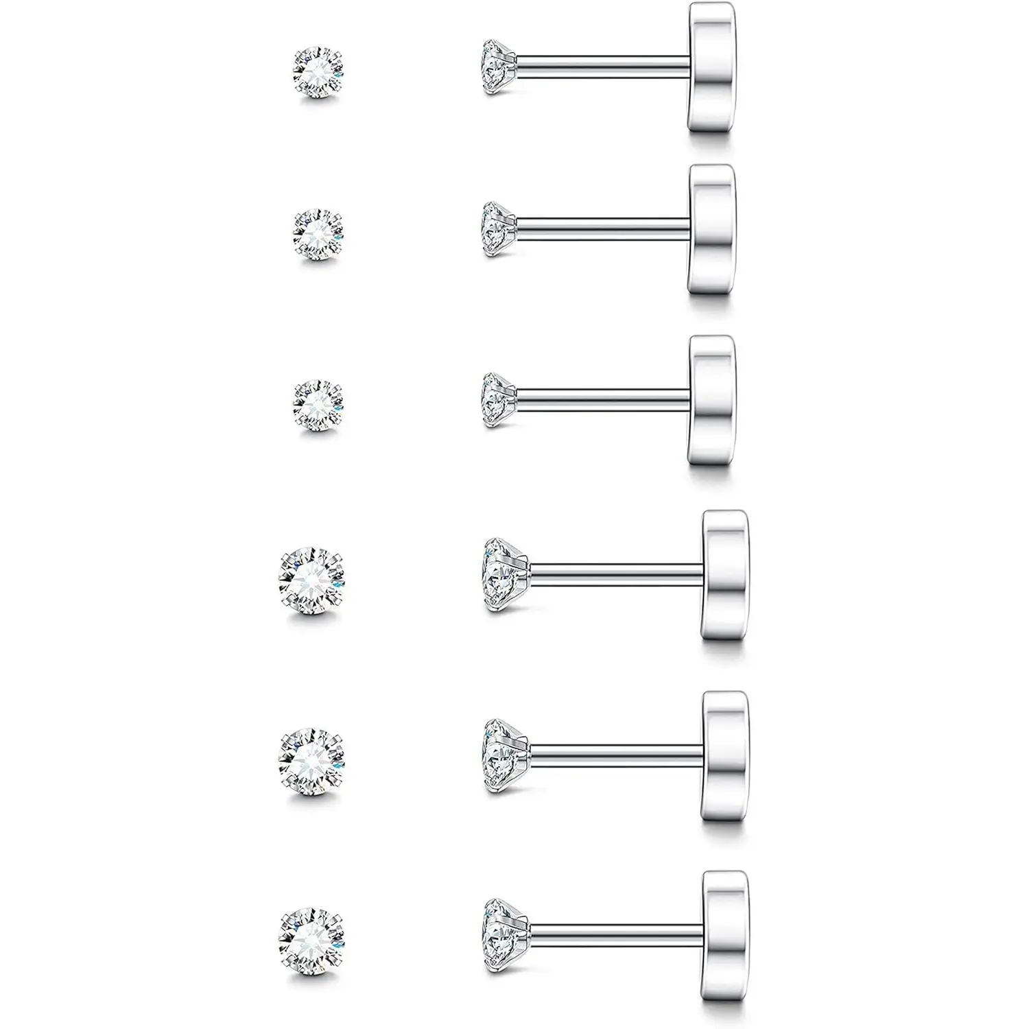 C. 6Pairs Tiny Earrings, 2mm 3mm