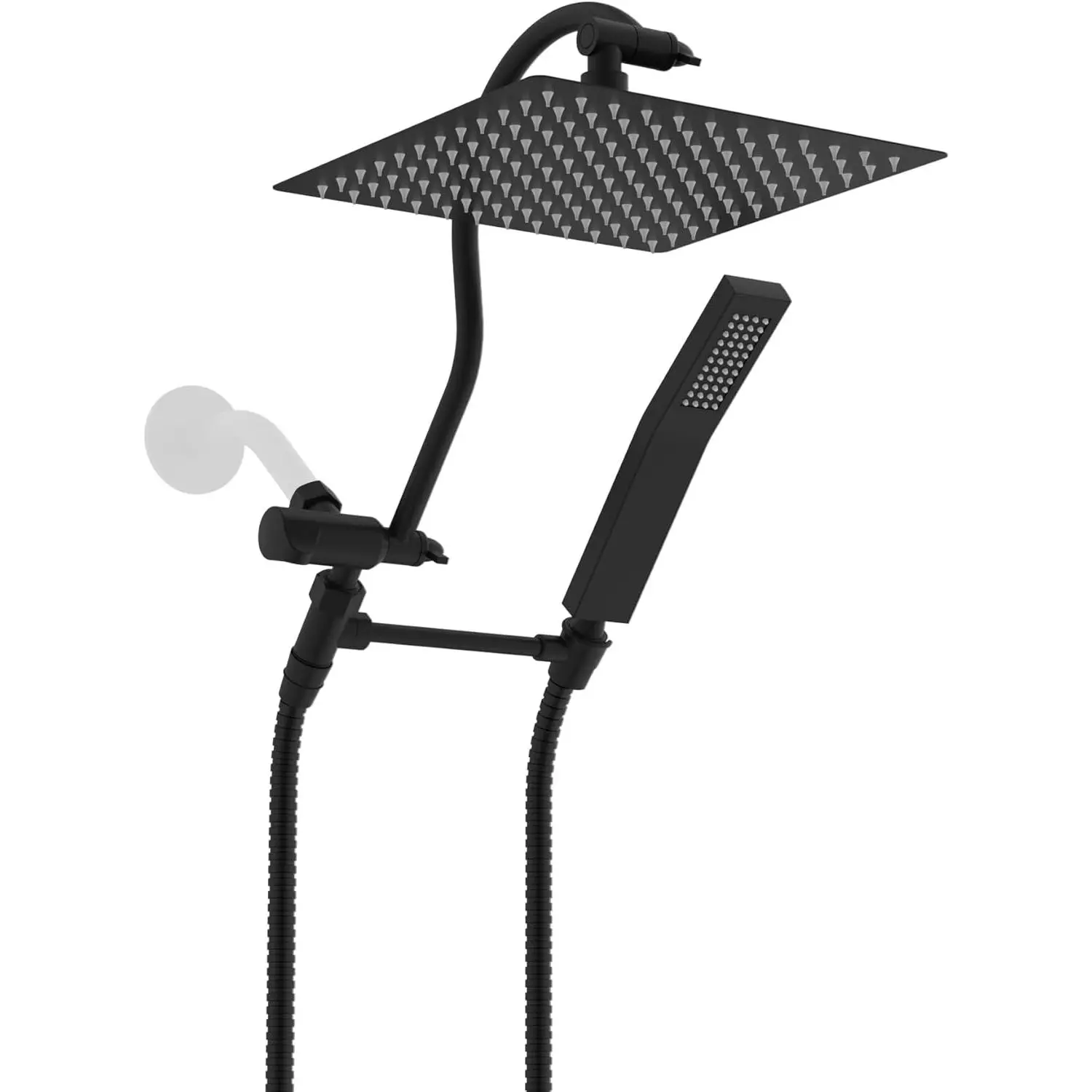 All Metal Shower , 10'' High  Rainfall Shower , Showerhead Combo, Handheld Shower Wand, 12'' Adjustable Curved Shower Extension Arm, 71'' Hose, Shower  Holder, Matte Black