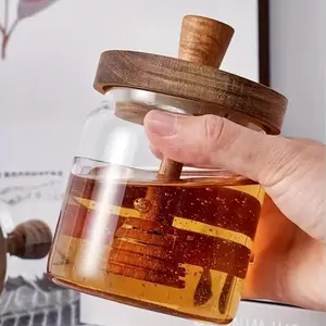 High Borosilicate Glass Honey Jar with Wooden Stirring Stick, 1 Count Transparent Durable Glass Food Storage Container for Home Kitchen Dining Room, Bottles, Canister, Home Organization Containers