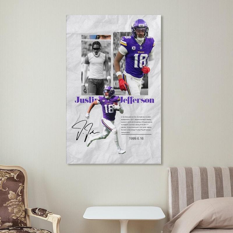 Justin Jefferson Poster American Football Sports Canvas Wall Art Teen Birthday Gifts Decor Canvas Painting Wall Art Poster for Bedroom Living Room Decor