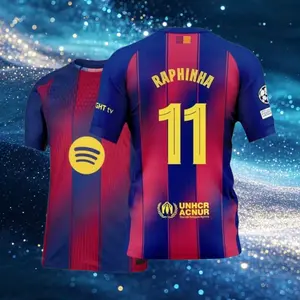 25 26 Home Red And Blue No.11 Raphinha Short Sleeve Soccer Jersey Fans Version