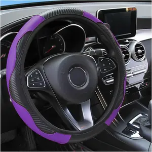 Steering Wheel Cover 15 inch Carbon Fiber Microfiber PU Leather Elastic Protector for Men Women Anti-Slip Breathable Interior Accessories Purple