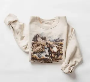 Retro Wild Horses Desert Canyon Fall Scene Sweatshirt - 90's Vintage Horse Lover Gift Outfit - Boho Unisex Crewneck Sweatshirt