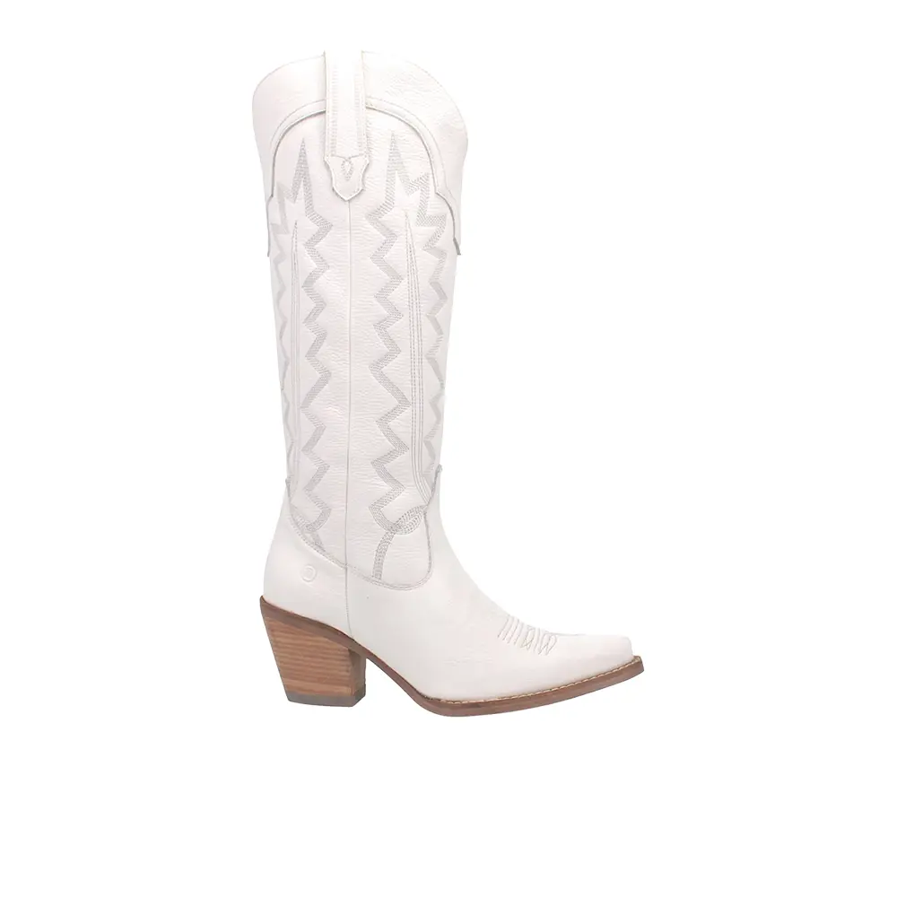 Dingo Womens High Cotton Embroidered Snip Toe Pull On Casual Boots Knee High Mid Heel 2-3" - White