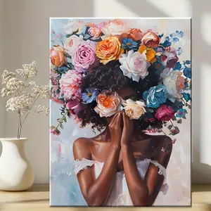 1 Unique Style Solid Wood Framed Canvas Art - African American Woman with Vibrant Floral Design, Ready to Hang, Perfect for Home Decor, Living Room & Bedroom, Ideal Gift for Women’s Day or Festive Occasions, Home Wall Decor| Vibrant Floral Art| Artis