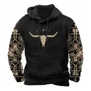 Mens Casual Western Aztec Hoodies Sweatshirt - Loose-Fitting Design with Drawstring Closure - Clothing, Menswear Collared Day Cotton  Long Sleeves
