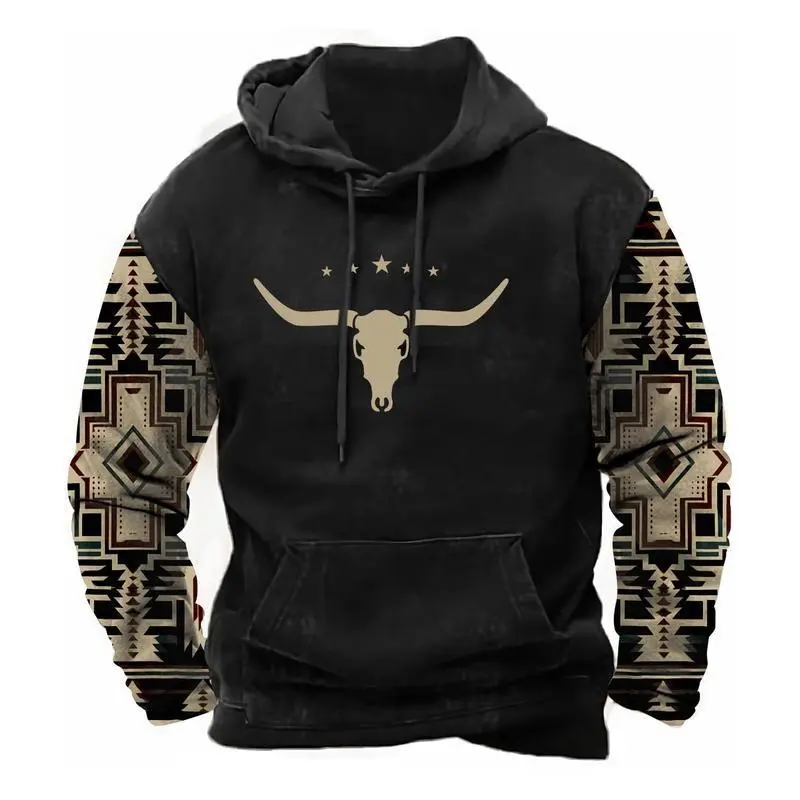 Mens Casual Western Aztec Hoodies Sweatshirt - Loose-Fitting Design with Drawstring Closure - Clothing, Menswear Collared Day Cotton Long Sleeves Mens Casual Western Aztec Hoodies Sweatshirt - Loose-Fitting Design with Drawstring Closure - Clothing, Menswear Collared Day Cotton Long Sleeves