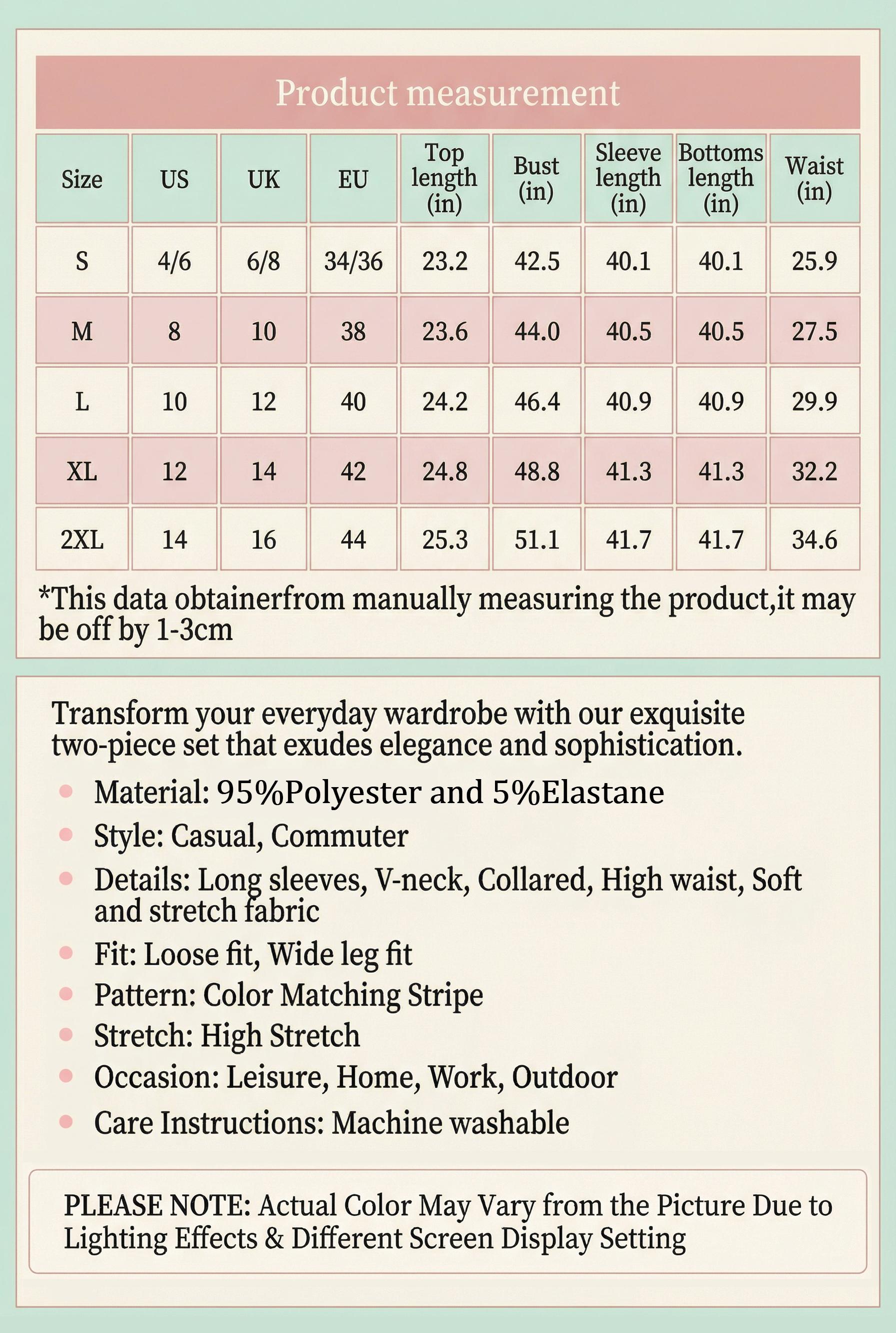 KatchMe Women's Casual Color Matching Stripe Long Sleeve Top & Wide Leg Trousers Co-ord, Soft V-Neck Loose Two Piece Outfits, Comfortable Womenswear