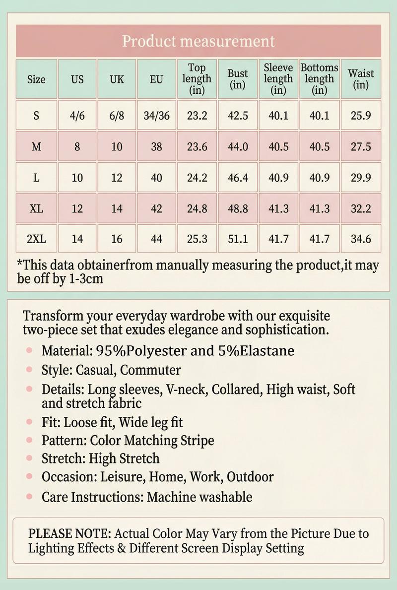 KatchMe Women's Casual Color Matching Stripe Long Sleeve Top & Wide Leg Trousers Co-ord, Soft V-Neck Loose Two Piece Outfits, Comfortable Womenswear