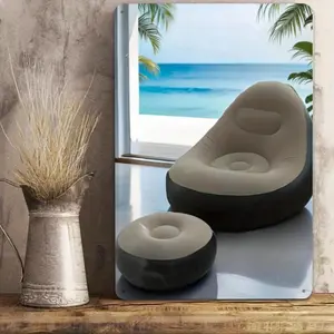 Tin Metal Sign Inflatable Lounge Chair With Ottoman Set - Relaxing Indoor Outdoor Air Sofa - Portable Living Room Patio Camping Beach - Gray Durable PVC Material - Easy Inflate Deflate Iron Artwork