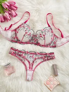 Women's Sexy Lace Floral Embroidery Underwear Set, 2-Piece European Style Fitted Mesh Lingerie, Comfortable & Stylish Design
