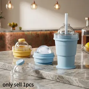 Ice Maker Cup Ice Cup 2-in-1 Collapsible Silicone with Straw & Lid, Easy Demolding Sphere Ice Cubes for Whiskey, Cocktails, Coffee, Juice, Portable (1, Sky Blue)