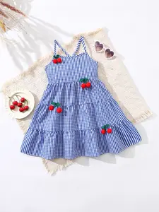 Girls' Summer Sleeveless Dress, Sweet Cute Cherry Decoration, Multi-Layer Cake Design, Casual Plaid Princess Dress, Loose-Fitting, Fruit Dress, Dresses Summer