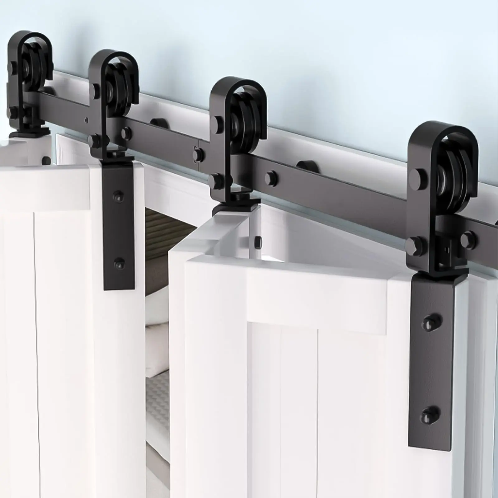 Heavy Duty Bi-Folding Sliding Barn Door Hardware Kit – Smooth & Quiet Side-Mounted Roller – Easy Installation – Fits 2 or 4 Closet Doors – Black Track System for Home, Bedroom, Laundry, Farmhouse