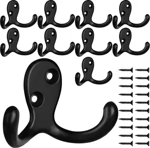 10 Pack Heavy Duty Double Prong Coat Hooks Wall Mounted with 20 Screws Retro Double Hooks Utility Hooks for Coat, Scarf, Bag, Towel, Key, Cap, Cup, Hat