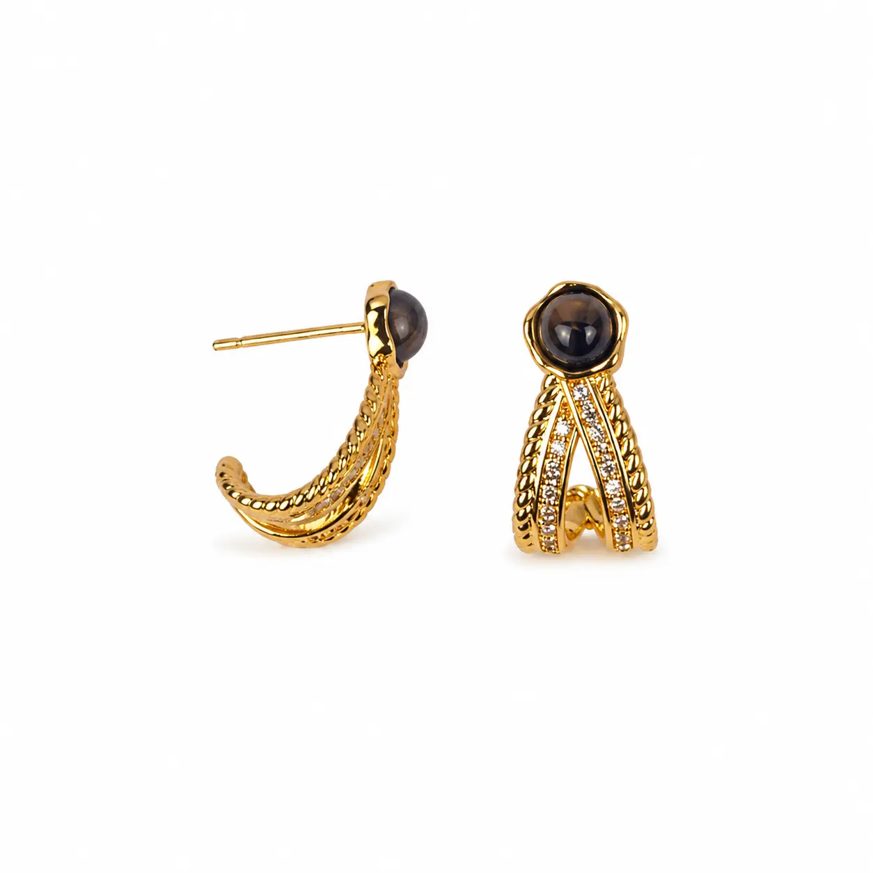Women's Vintage Tiger Eye Earrings, Gold-Tone Geometric Hoop Studs with Zircon Accents and Hypoallergenic 925 Sterling Silver Posts for Everyday Looks, Women's Fashion, Daily, Female, Retro, Sparkling Accent Details