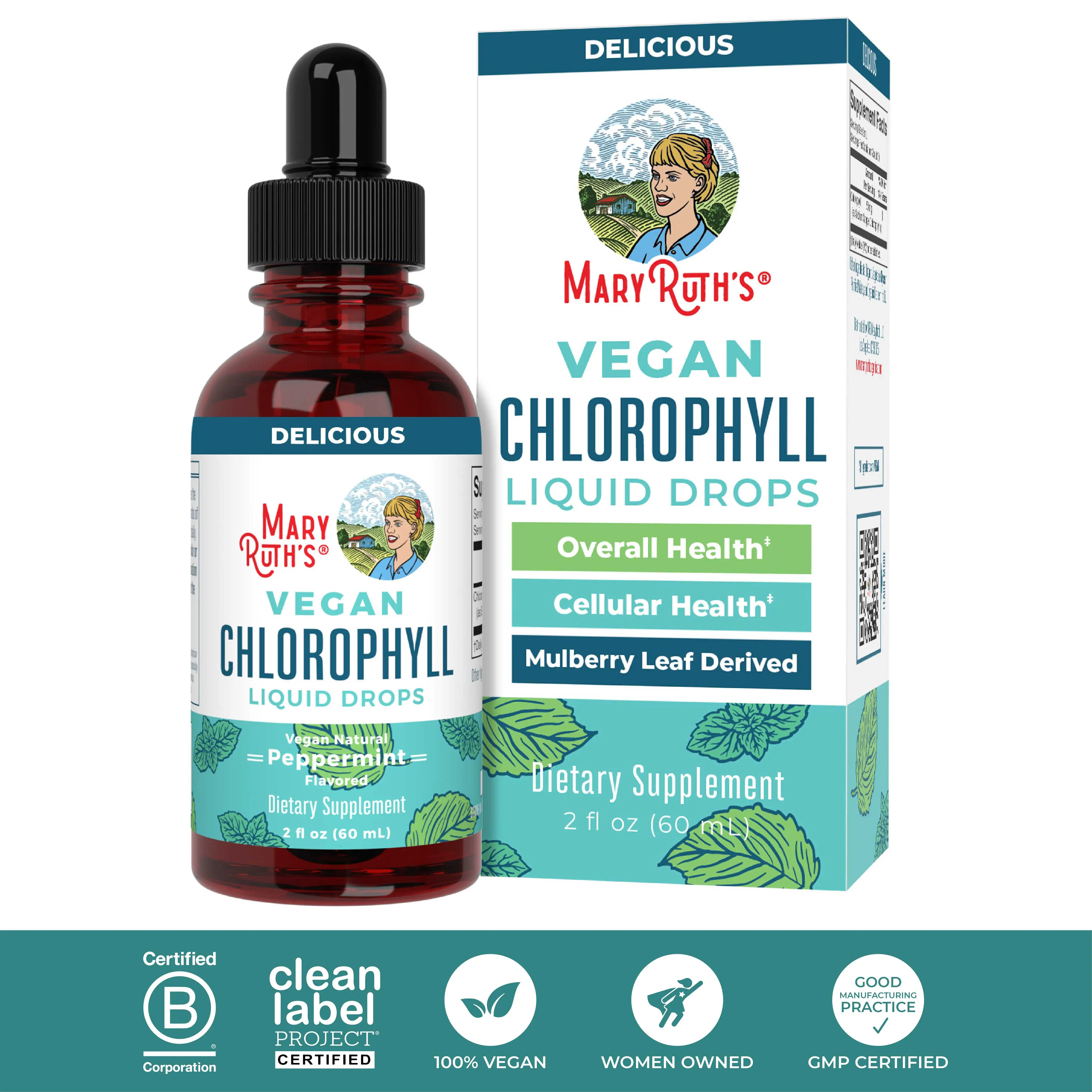 MaryRuth's Vegan Chlorophyll Liquid Drops - Non-Diluted Liquid Chlorophyll - Mulberry Derived Supplement - Non-GMO - Delicious Minty Flavor - 2 Fl Oz