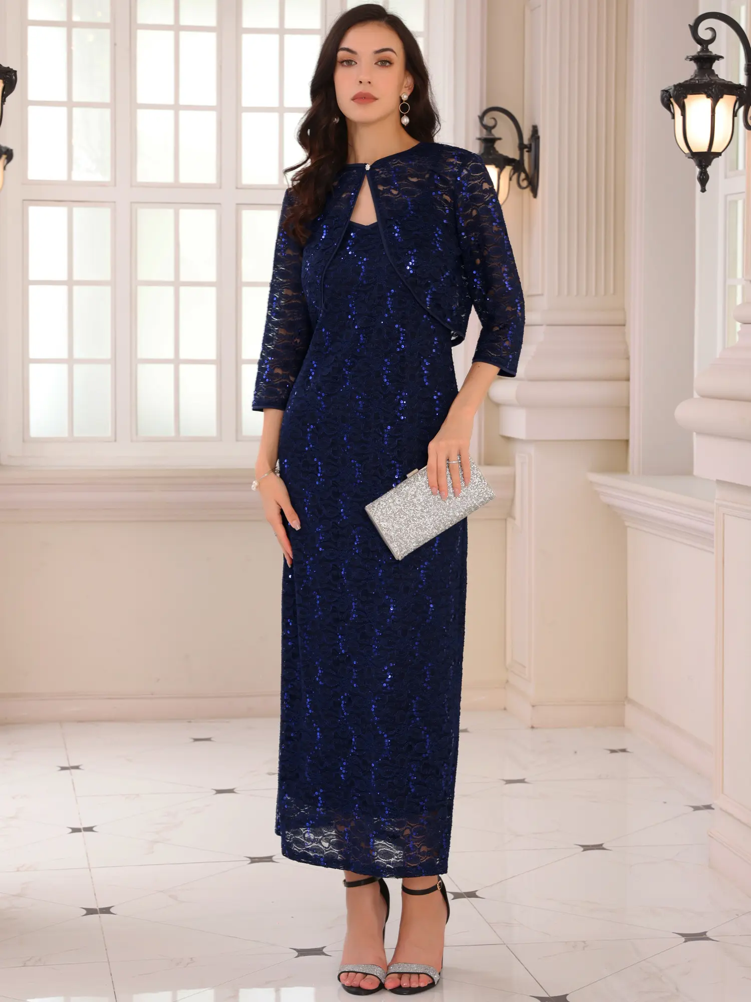INSPIRE CHIC Women's Sequin Two Piece Dress Sets Cocktail Lace Spaghetti Strap Dresses and Cropped Cardigans Navy Blue
