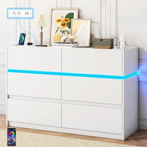 6 Drawer Dresser with Charging Station and LED Lights - Wide Double Chest of Drawers Organizer, Modern TV Stand Drawer Storage Cabinets for Bedroom, Living Room, Entryway, Hallway