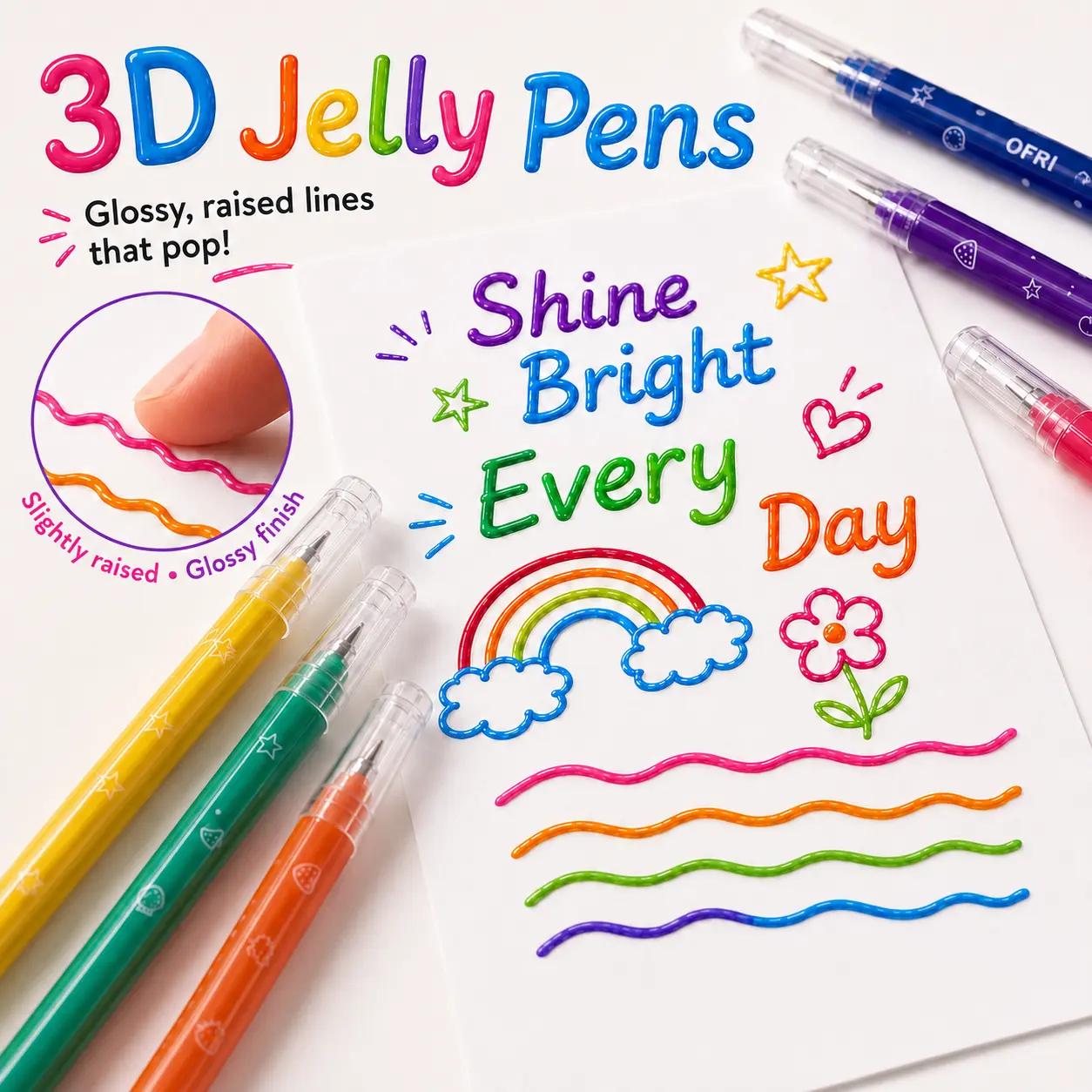 OFRI-3D Jelly Gel Pens Set, Single Tip Raised Ink Pens, Colorful 3D Effect Pens for Journaling, Doodling, Scrapbooking, Card Making and DIY Crafts
