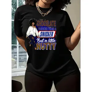 "CHOCOLATE Thicker Than a Snicker But A Little Nutty" Graphic Print Crew Neck T-Shirt - Lightweight Fabric, Vibrant Blue Casual Short Sleeve Tee for Spring & Summer, Casual Attire, Playful Design, Durable Casualwear, Relaxed Fit,