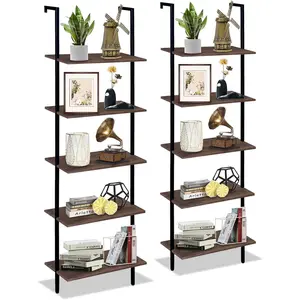 5 Tiers Ladder Shelf 2- Black Modern Tall Bookshelf Open Large Tall Wall Mount Storage Bookcase Standing Leaning Wall Shelves Industrial Decorative (Brown)