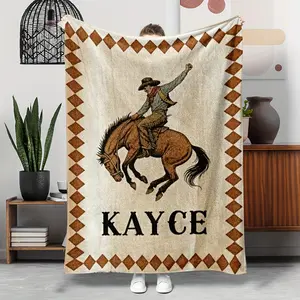 1Pc Personalized Custom Name Western Cowboy Pattern Blanket, Suitable For Sofa, Living Room Nap Blanket, Outdoor Camping And Travel Throw, Soft And Comfortable, Throw For Sofa, Plaid For Sofa