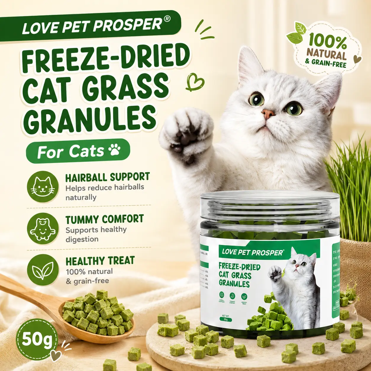 LOVE PET PROSPER 50g Freeze-Dried Cat Grass Granules, Healthy Treat for Hairball Support & Digestive Care, Chewable Daily Cat Snack Bites | COD