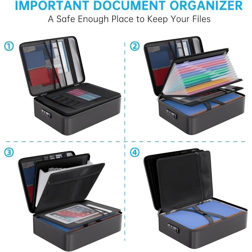 Fireproof File Box 5200℉, 15"×11.2"×4.3" File Bag, Foldable File Organizer with 13 Pockets and Labels, Lockable Portable File Storage Box, Black