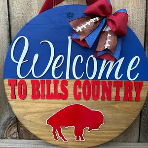 18” Round Buffalo Welcome Door Sign with Red Bow and Buffalo Silhouette for Bills Country Fans