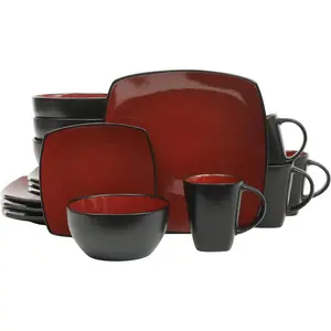 Soho Square 16-Piece Dinnerware Set, Service for 4, Reactive Glaze Stoneware and, Dishes, & Dishwasher Safe – Red and Black