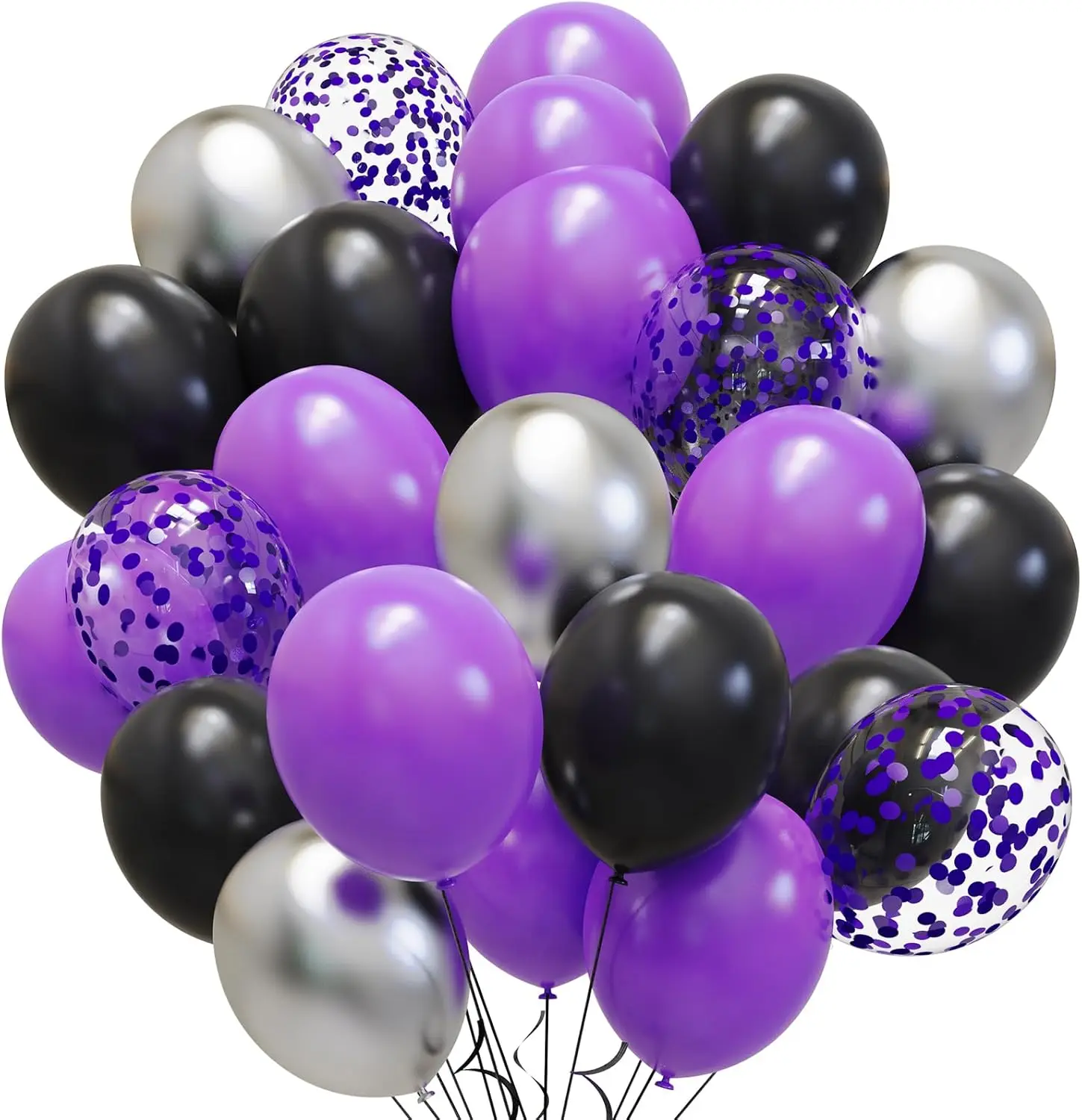 Purple Black Silver Latex Balloons, 65pcs 12 Inches Metallic Silver Purple Confetti Balloons with 1 Ribbon for Halloween, Birthday, Graduation, Anniversary,Wednesday party Set