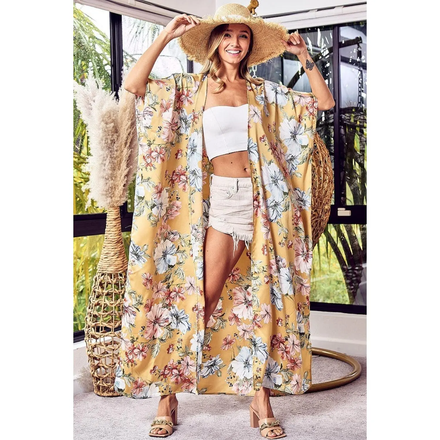 BiBi Floral Side Slit Longline Cardigan