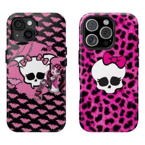 Monster High Phone Case - Pink Bat Pattern with Bow Skull & Draculaura Character Design Compatible for iPhone 17Air 16Promax 15 14 13 12 11 and for Samsung S22-S25 Gift for Fans Women Men anime cover