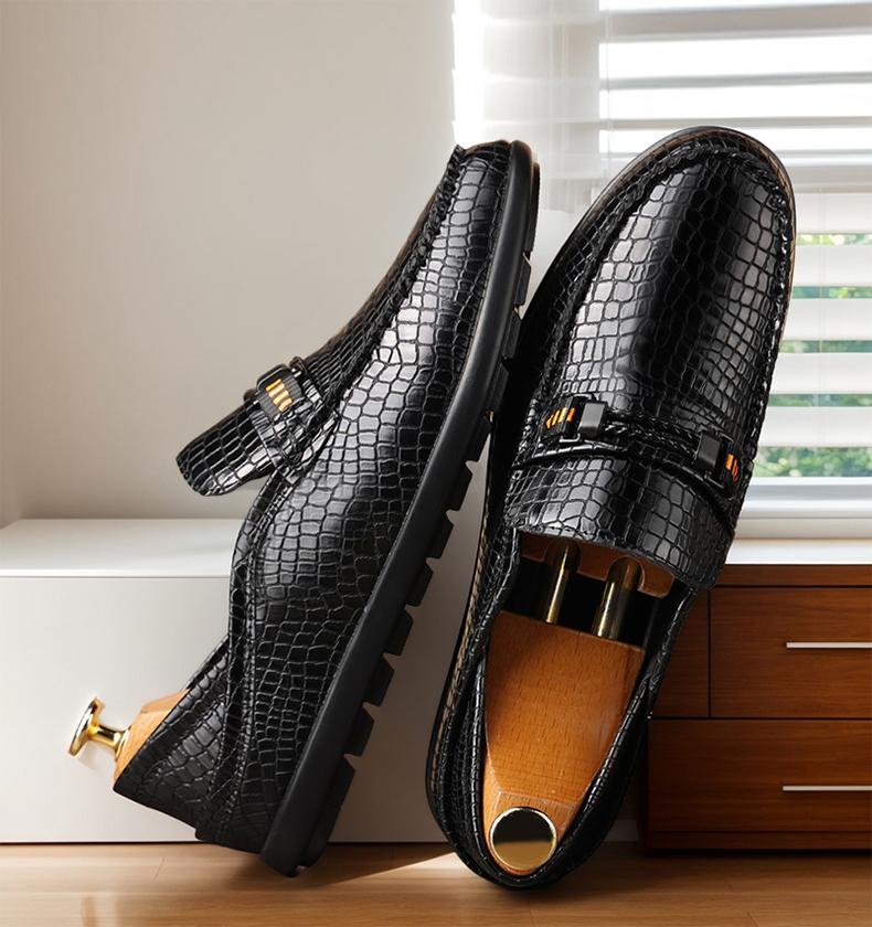 Men's Croc-Embossed Metal Bit Loafers, Black & Brown Formal Slip-On Leather Shoes25328