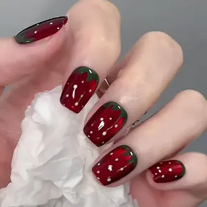 Strawberry Pattern Fake Nail Set, 30pcs Short Square Press on Nails with 1 Count Nail File & Gelatin Glue, Removable Nail Art Artificial Full Cover, Manicure