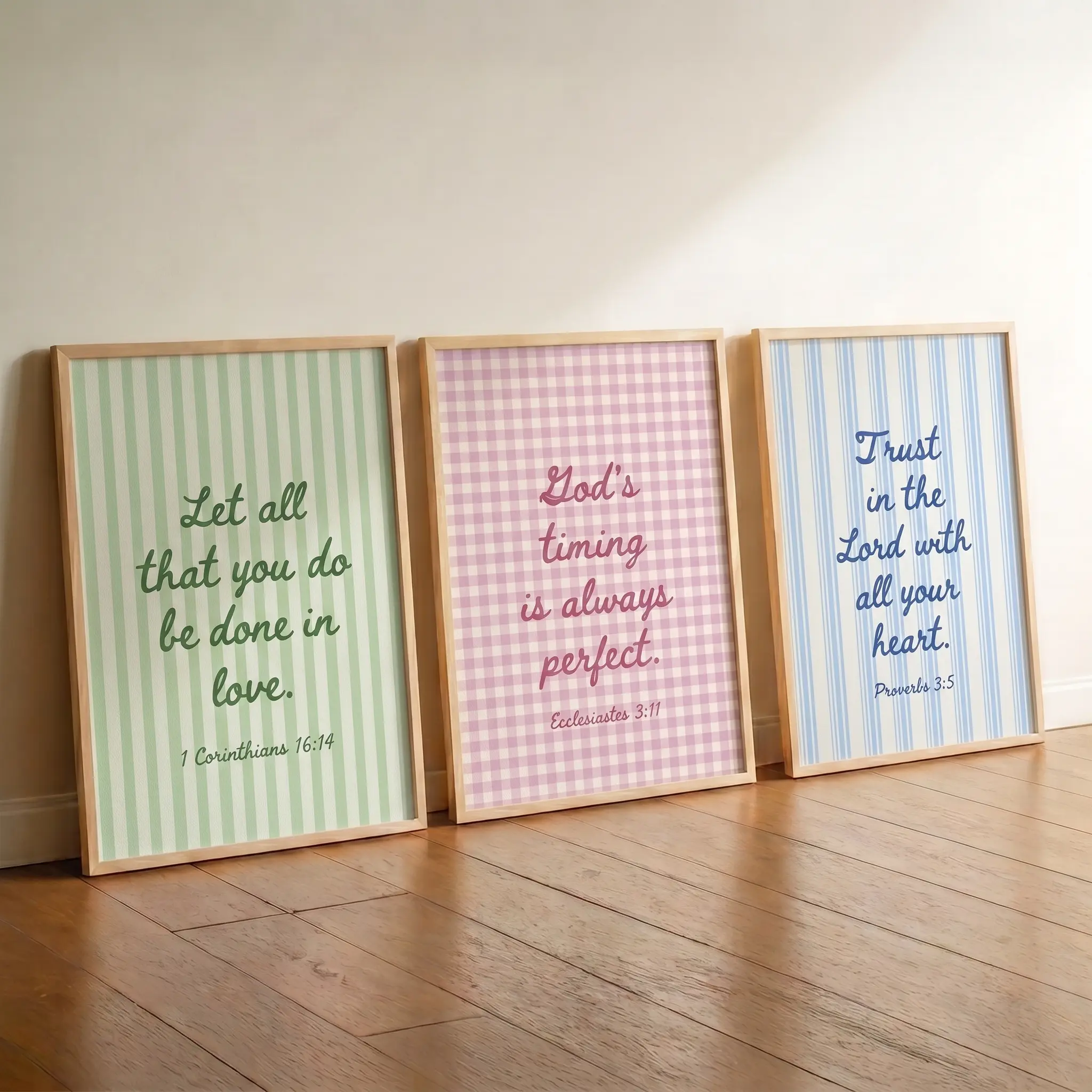 Set of 3 Preppy Christian Wall Art Poster, Pastel Bible Verse Art Print, Gingham Striped Scripture Home Decor, Unframed Teen Bedroom Decor