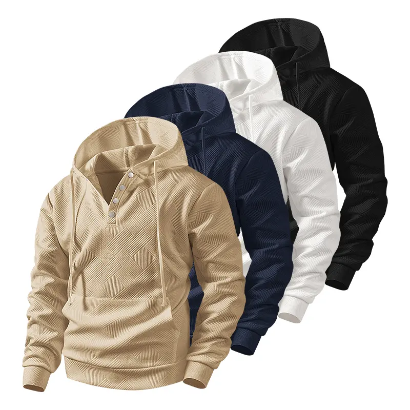 Men’s textured solid-color hooded sweatshirt, basic color-block design with elbow patches, casual long-sleeve top, men’s autumn/winter hoodie, menswear, sportswear.