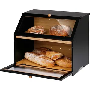 Wooden Cake Box Bread Storage Basket Bamboo Bread Container with Transparent Glass Kitchen Dual Layer Storage Box
